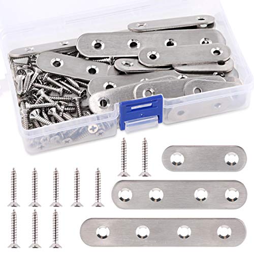 Swpeet 115Pcs 3 Sizes Stainless Steel Flat Straight Brace Brackets Metal Shelf Support Brackets Joining Plate with Screws Perfect for Mending Repair Plates Fixing Bracket Connector 50mm 80mm 100mm - Image 1