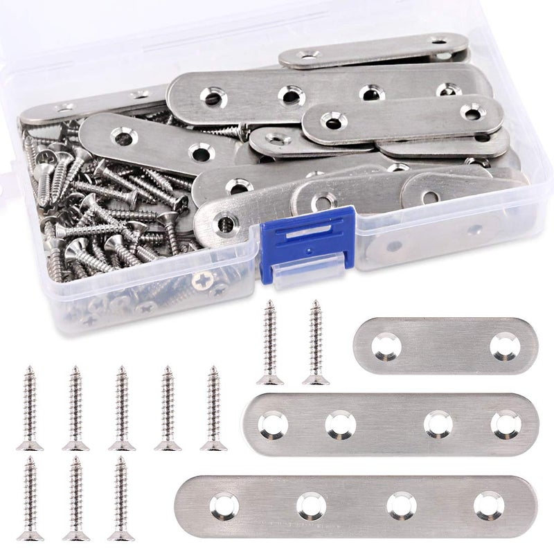 Swpeet 115Pcs 3 Sizes Stainless Steel Flat Straight Brace Brackets Metal Shelf Support Brackets Joining Plate with Screws Perfect for Mending Repair Plates Fixing Bracket Connector 50mm 80mm 100mm - Image 2