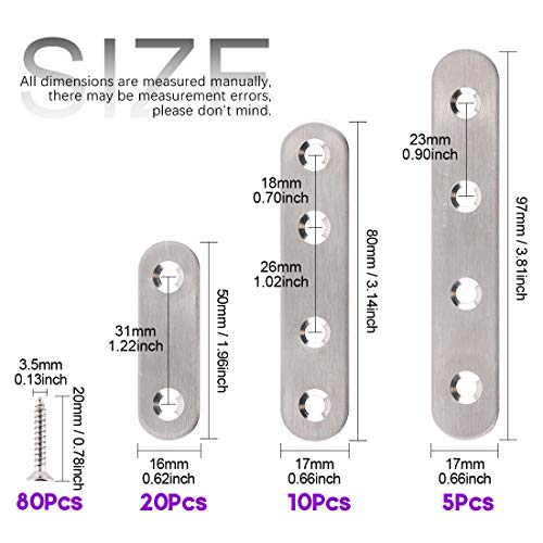 Swpeet 115Pcs 3 Sizes Stainless Steel Flat Straight Brace Brackets Metal Shelf Support Brackets Joining Plate with Screws Perfect for Mending Repair Plates Fixing Bracket Connector 50mm 80mm 100mm - Image 3