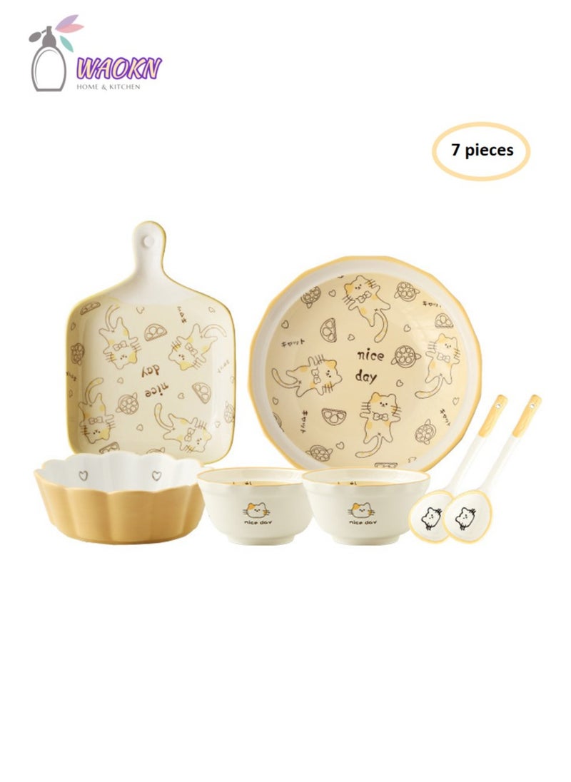 WAOKN Cream Ceramic Cutlery Gift Set Porcelain Dinnerware Sets Plates and Bowls Sets 7 Pieces Ceramics Dinner Set Bowl/Plates/Spoons/Lace Bowl Set Cute kitten pattern Combinatio  - Image 1