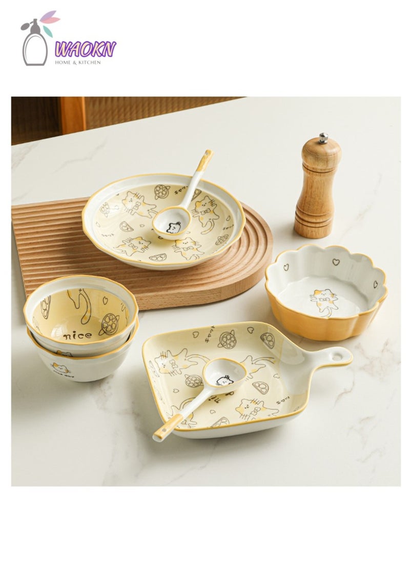 WAOKN Cream Ceramic Cutlery Gift Set Porcelain Dinnerware Sets Plates and Bowls Sets 7 Pieces Ceramics Dinner Set Bowl/Plates/Spoons/Lace Bowl Set Cute kitten pattern Combinatio  - Image 3