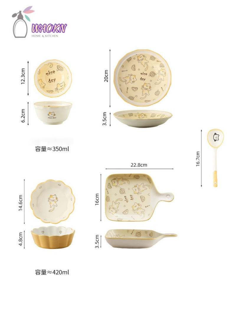 WAOKN Cream Ceramic Cutlery Gift Set Porcelain Dinnerware Sets Plates and Bowls Sets 7 Pieces Ceramics Dinner Set Bowl/Plates/Spoons/Lace Bowl Set Cute kitten pattern Combinatio  - Image 2