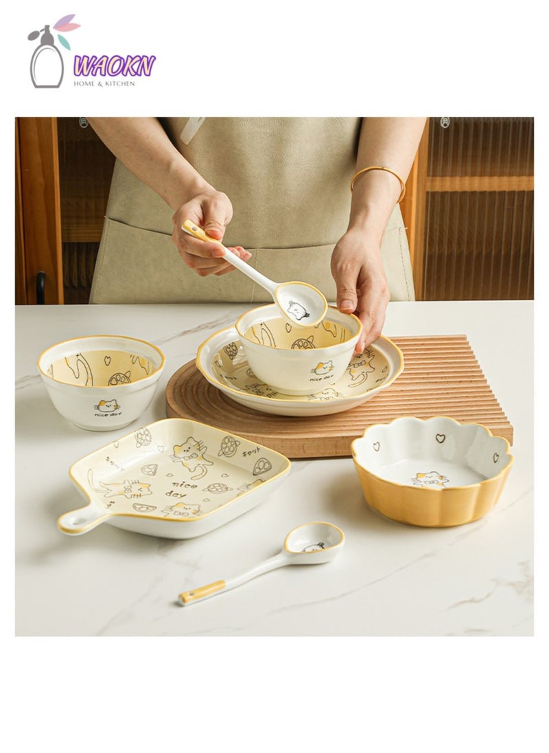 WAOKN Cream Ceramic Cutlery Gift Set Porcelain Dinnerware Sets Plates and Bowls Sets 7 Pieces Ceramics Dinner Set Bowl/Plates/Spoons/Lace Bowl Set Cute kitten pattern Combinatio  - Image 4