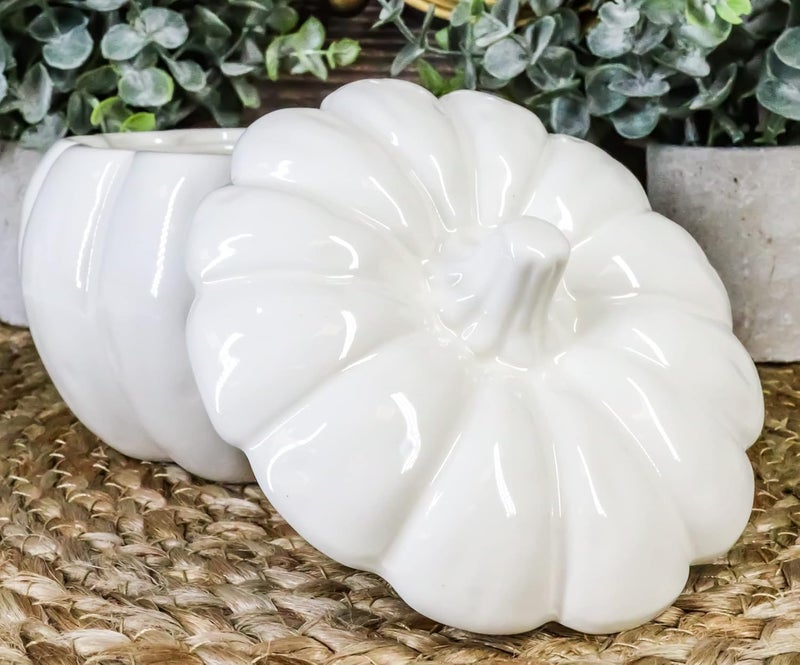 Ebros Gift Ceramic Stoneware White Harvest Pumpkin Bowl With Lid 6 Diameter 1 - Image 3