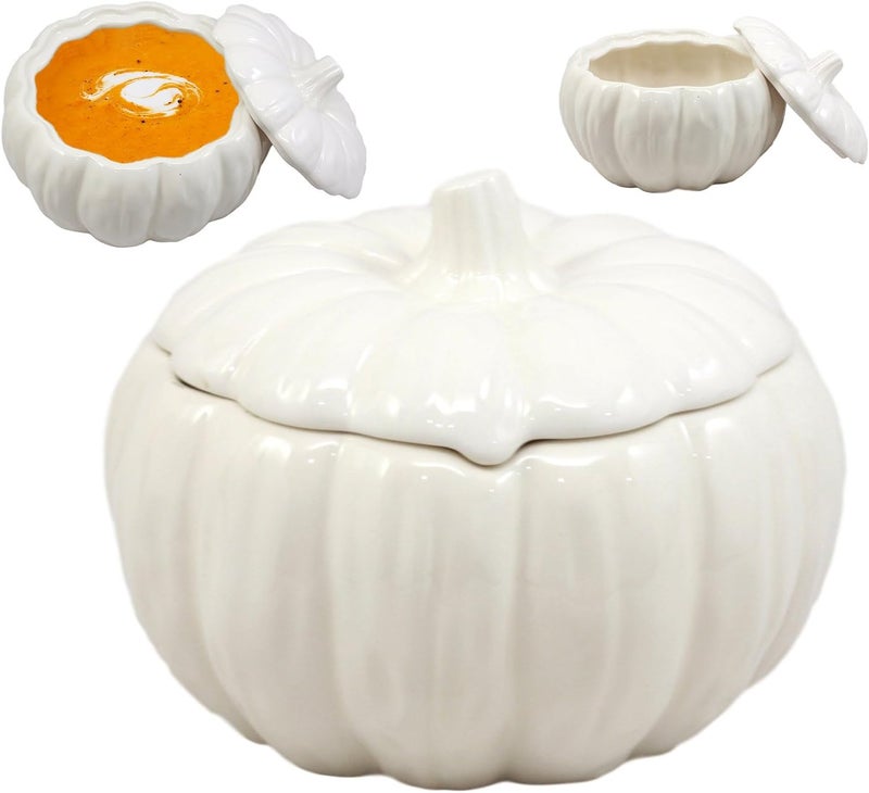 Ebros Gift Ceramic Stoneware White Harvest Pumpkin Bowl With Lid 6 Diameter 1 - Image 1