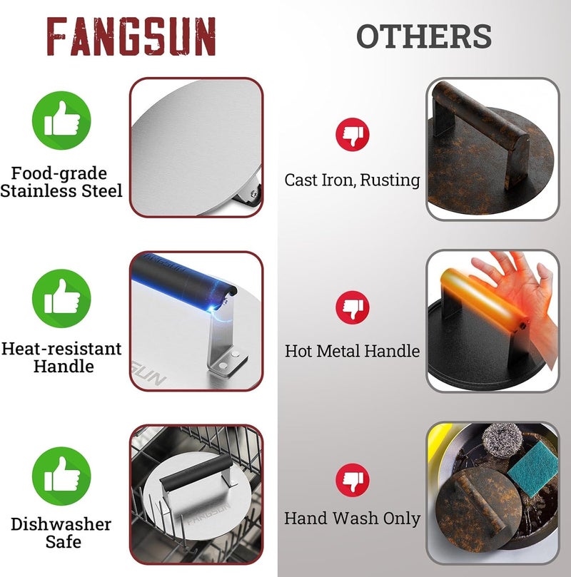 FANGSUN Bacon Press for Griddle, Stainless Steel Grill Press, 8.5-Inch Heavy-Duty Burger Press with Heat-Resistant Handle, Non Stick Hamburger Press, Weight Burger Smasher for Meat, Steak, Panini - Image 5