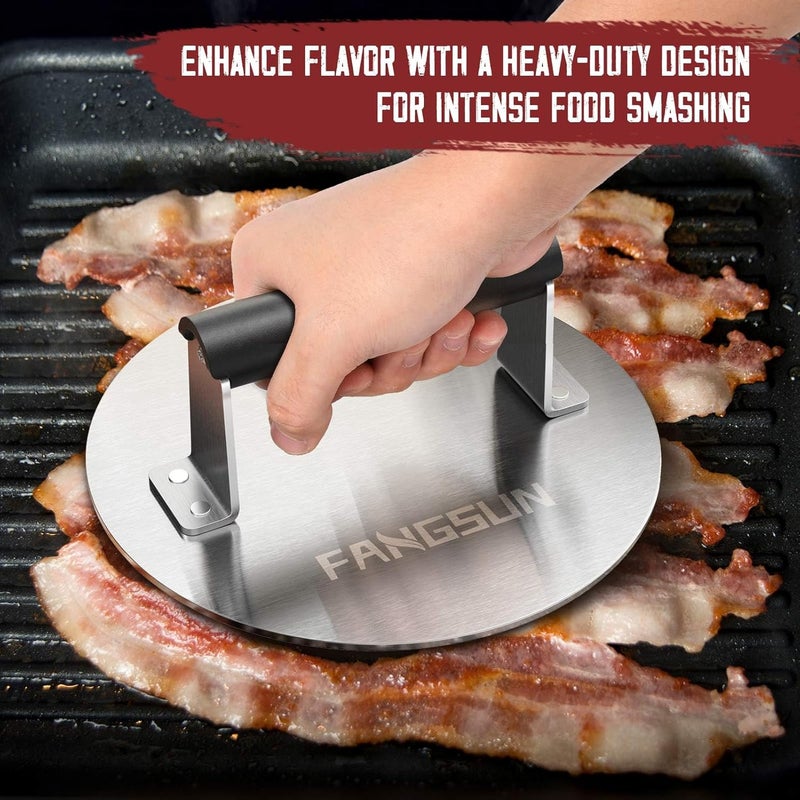 FANGSUN Bacon Press for Griddle, Stainless Steel Grill Press, 8.5-Inch Heavy-Duty Burger Press with Heat-Resistant Handle, Non Stick Hamburger Press, Weight Burger Smasher for Meat, Steak, Panini - Image 2