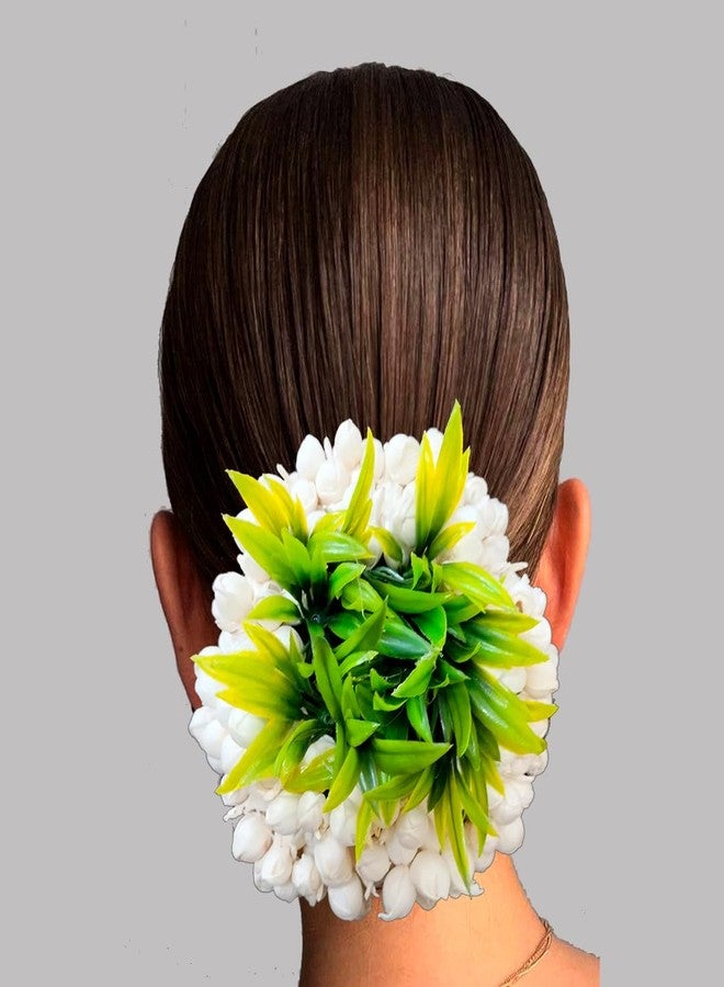 Hair Flare Artificial Mogra Flower with Artificial Green Grass Design Hairpin/Judabun/Clip | Hair Accessories for Women and Girls | Gold - 2646, Pack of 1 - Image 1