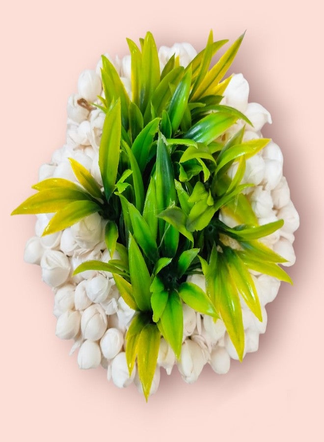 Hair Flare Artificial Mogra Flower with Artificial Green Grass Design Hairpin/Judabun/Clip | Hair Accessories for Women and Girls | Gold - 2646, Pack of 1 - Image 4