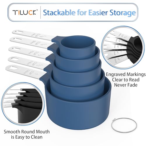 TILUCK طقم أكواب وملاعق قياس TILUCK، أكواب وملاعق قابلة للتكديس، أكواب قياس متداخلة بمقبض من الفولاذ المقاوم للصدأ، أدوات مطبخ للطهي والخبز (أزرق) - Image 4