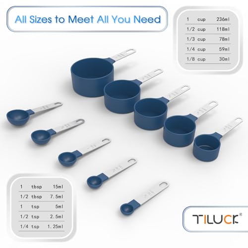 TILUCK طقم أكواب وملاعق قياس TILUCK، أكواب وملاعق قابلة للتكديس، أكواب قياس متداخلة بمقبض من الفولاذ المقاوم للصدأ، أدوات مطبخ للطهي والخبز (أزرق) - Image 3