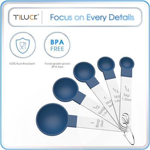 TILUCK طقم أكواب وملاعق قياس TILUCK، أكواب وملاعق قابلة للتكديس، أكواب قياس متداخلة بمقبض من الفولاذ المقاوم للصدأ، أدوات مطبخ للطهي والخبز (أزرق) - Image 5