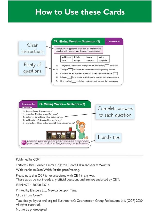 11+ CEM Revision Question Cards: Verbal Reasoning Cloze - Ages 10-11  - Image 3