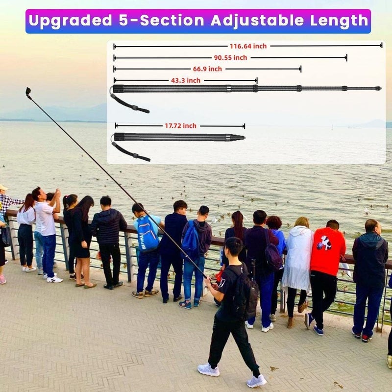 Careflection 116 Inch/3 Meter Invisible Selfie Stick for Insta360 One X3, Insta X2, One Rs Twin Extension Monopod Rod, 5 Section Adjustable Length 70/120 Cms for Gopro, DJI, Sony - Black - Image 2