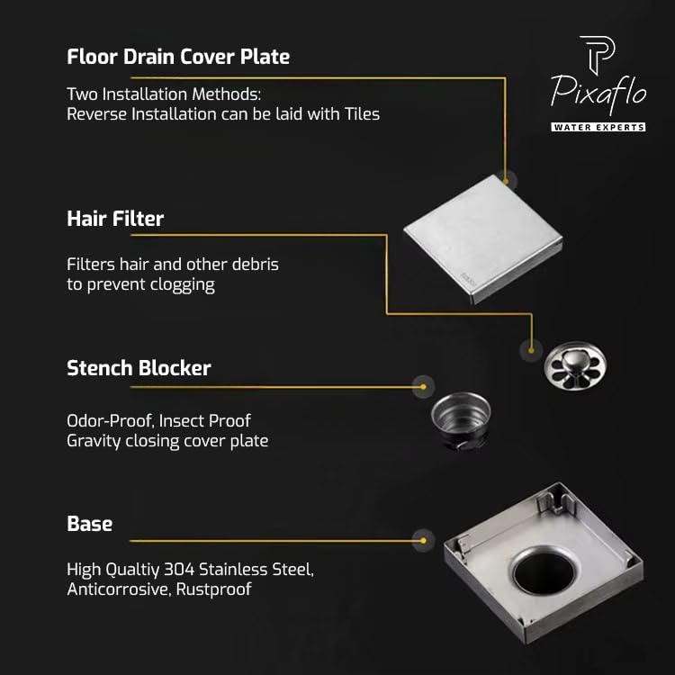 Pixaflo Square Tile Insert Floor Drain | 5 x 5 Inches | 304 Stainless Steel | Invisible Shower Drain Channel | Waste Water Floor Drain for 13mm Tile | Drainer Channel | Anti Cockroach Trap | Silver - Image 5