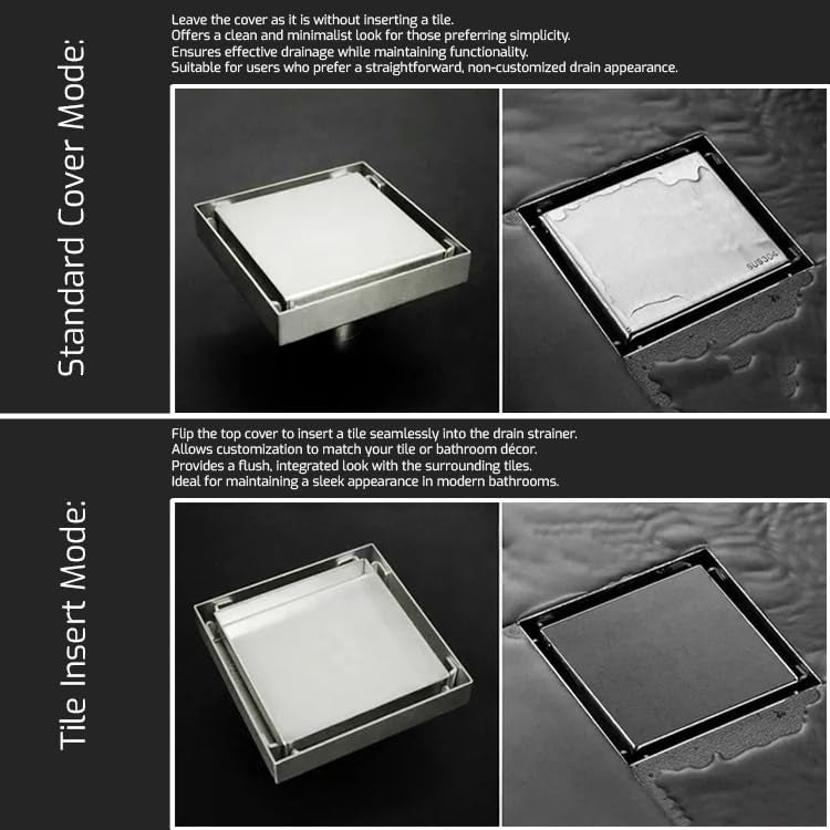 Pixaflo Square Tile Insert Floor Drain | 5 x 5 Inches | 304 Stainless Steel | Invisible Shower Drain Channel | Waste Water Floor Drain for 13mm Tile | Drainer Channel | Anti Cockroach Trap | Silver - Image 2