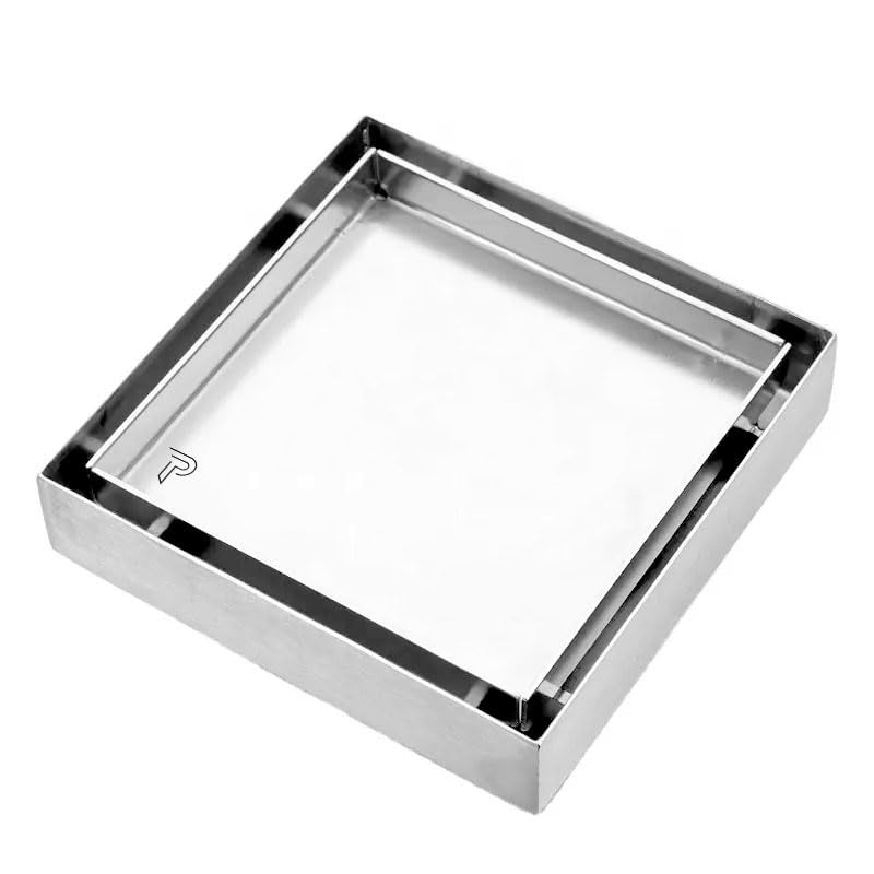 Pixaflo Square Tile Insert Floor Drain | 5 x 5 Inches | 304 Stainless Steel | Invisible Shower Drain Channel | Waste Water Floor Drain for 13mm Tile | Drainer Channel | Anti Cockroach Trap | Silver - Image 1