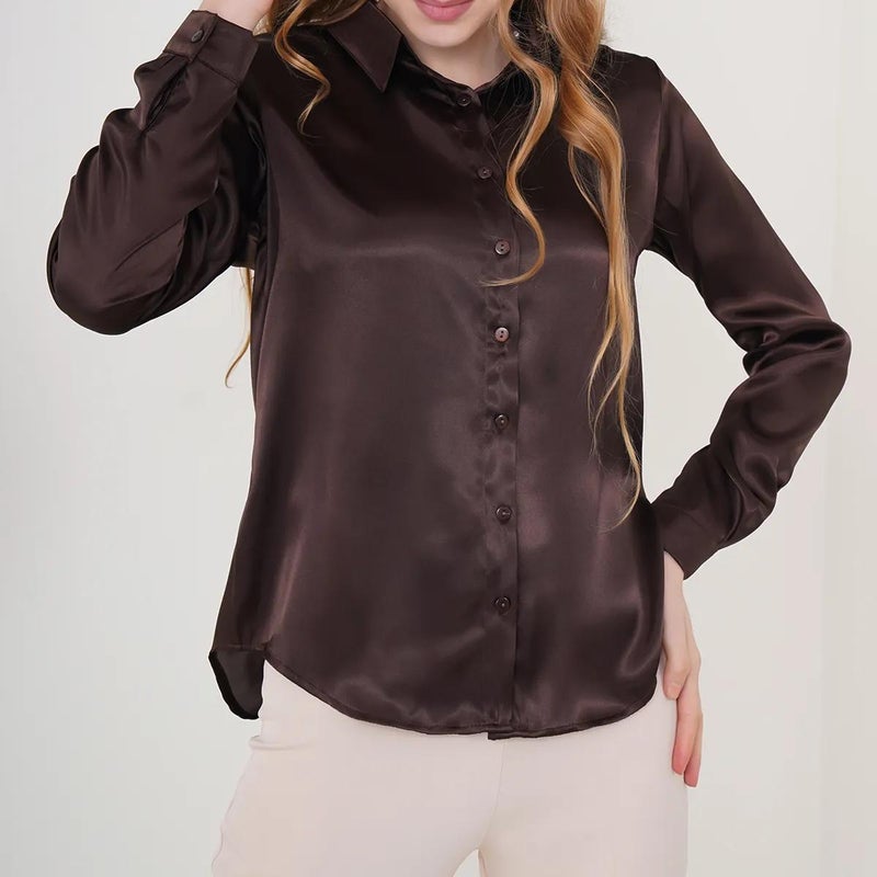 French Style Satin Silk Womens Blouse Spring Summer Dark green - Image 4