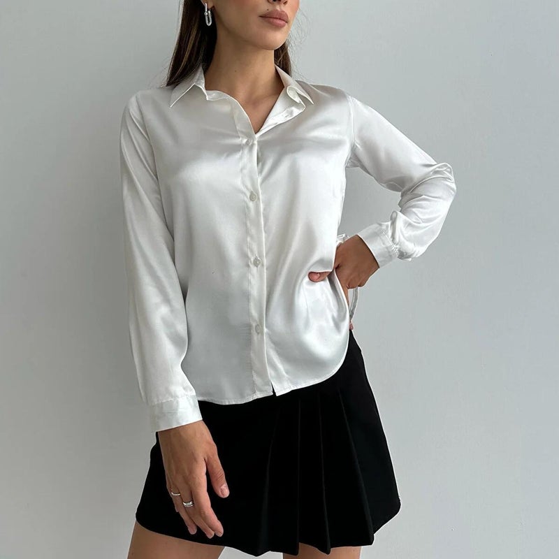 French Style Satin Silk Womens Blouse Spring Summer Dark green - Image 5
