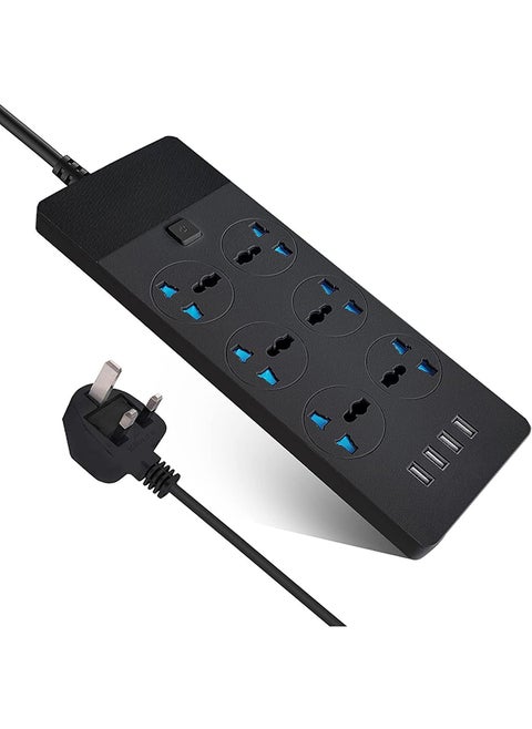 SKY-TOUCH Power Strips Extension Cord 6 Outlets, Universal Plug Adapter with 4 USB Ports Surge Protector, Charging Socket with 2M Bold Extension Cord (Black)
