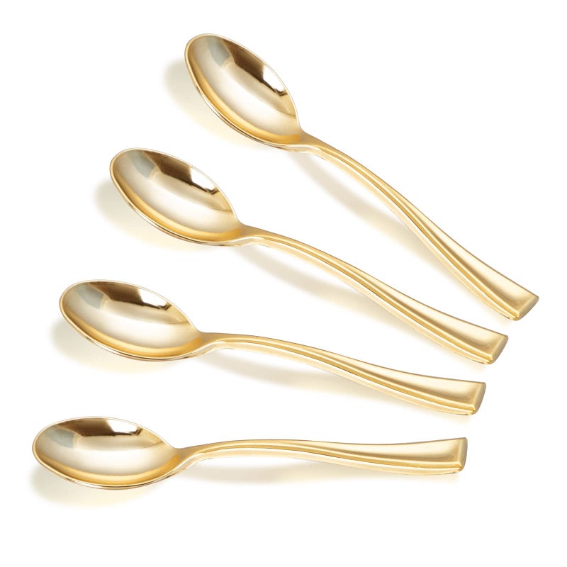 WDF 300 Pieces Plastic Gold Mini Spoons  4 Inches Gold Plastic Tasting Spoons for Desserts Heavy Duty Disposable Spoons Perfect for Coffee Cake Desserts Appetizers