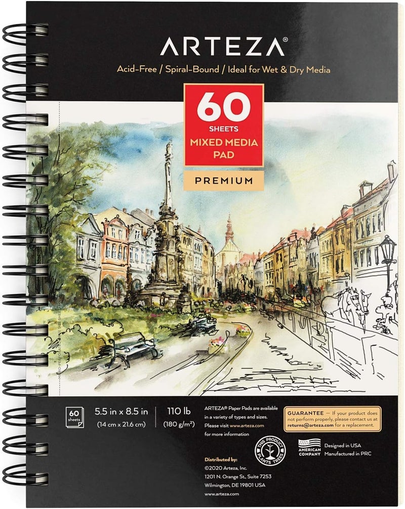 ARTEZA دفتر رسم مختلط، 5.5 × 8.5 بوصة، عبوة من 1، 60 ورقة، دفتر ورق مثقوب ميكرو-مربوط لوسائط الرطبة والجافة - Image 3