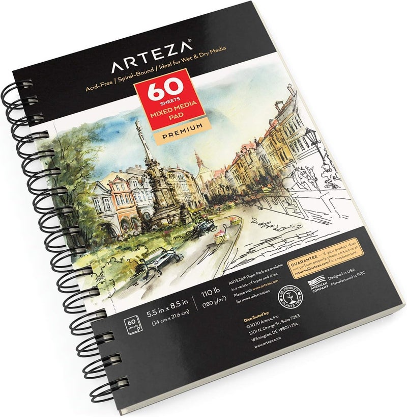 ARTEZA دفتر رسم مختلط، 5.5 × 8.5 بوصة، عبوة من 1، 60 ورقة، دفتر ورق مثقوب ميكرو-مربوط لوسائط الرطبة والجافة - Image 2