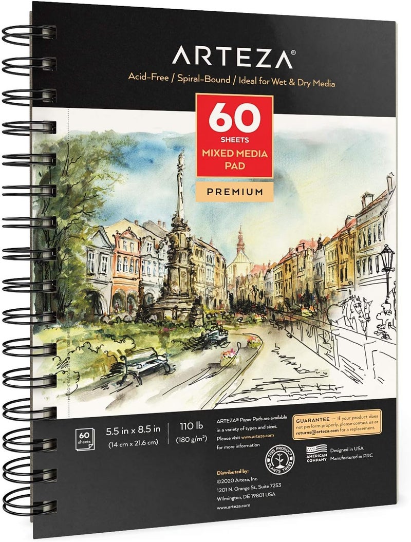ARTEZA دفتر رسم مختلط، 5.5 × 8.5 بوصة، عبوة من 1، 60 ورقة، دفتر ورق مثقوب ميكرو-مربوط لوسائط الرطبة والجافة - Image 1