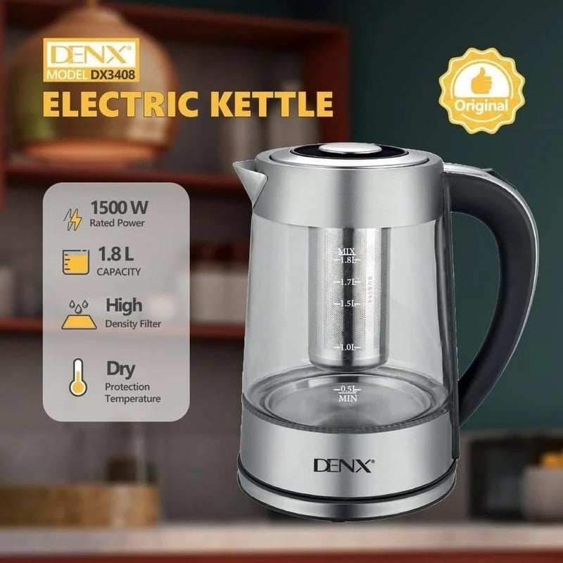 إبريق مياه كهربائي زجاجي من DENX سعة 1.8 لتر بقدرة 1500 واط، مزود بتحكم في درجة الحرارة وإيقاف تلقائي عند الانتهاء من الغلي، ومصباح LED، وفلتر من الفولاذ المقاوم للصدأ. - Image 5