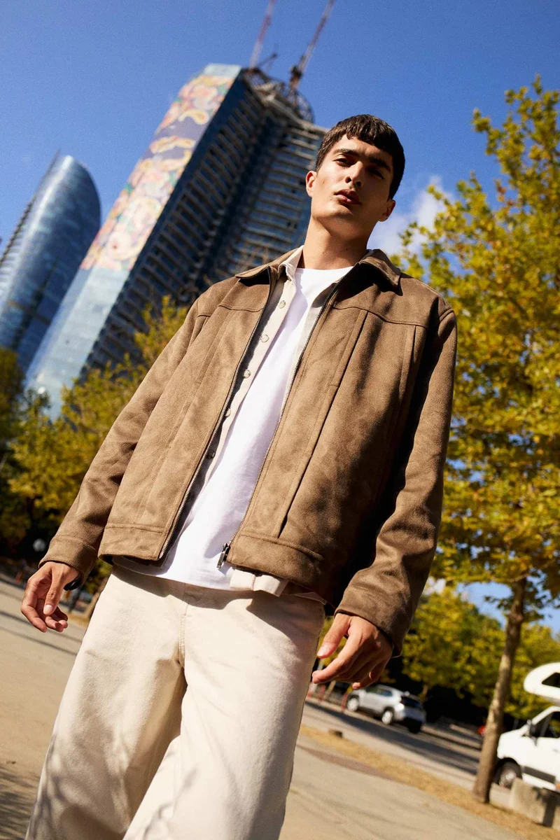 ديفاكتو Regular Fit Shirt Collar Zippered Suede Jacket