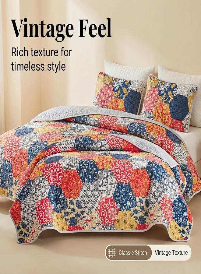 Andreannie Boho Quilt Set King Size, Reversible Floral Geometric Honeycomb Pattern Bedspread, Soft Lightweight Microfiber Bedding Coverlet, All Season Bohemian Quilt with 2 Pillow Shams, 3 Pieces - Image 3