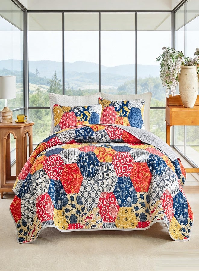 Andreannie Boho Quilt Set King Size, Reversible Floral Geometric Honeycomb Pattern Bedspread, Soft Lightweight Microfiber Bedding Coverlet, All Season Bohemian Quilt with 2 Pillow Shams, 3 Pieces - Image 2