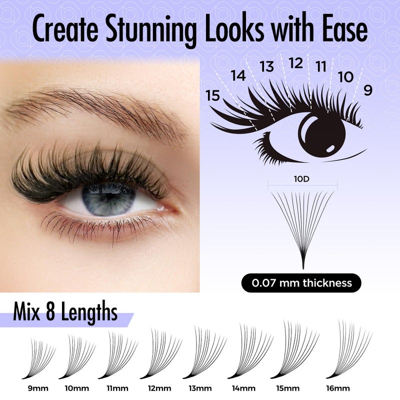 BEYELIAN Premade Volume Eyelash Extensions Mixed Tray 1000 Fans 9-16mm 0.07mm 10D C Curl Premade Fans Eyelash Extensions Handmade Promade Loose Fans Thin Base - Image 5