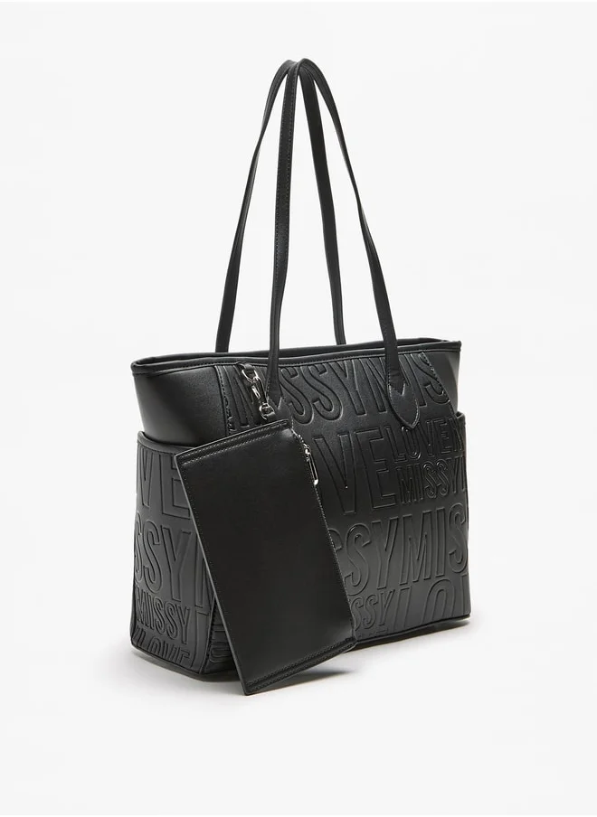 ميسي Women Missy Slogan Textured Tote Bag with Zip Closure and Pouch