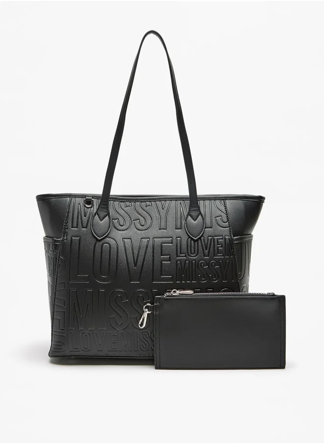 ميسي Women Missy Slogan Textured Tote Bag with Zip Closure and Pouch