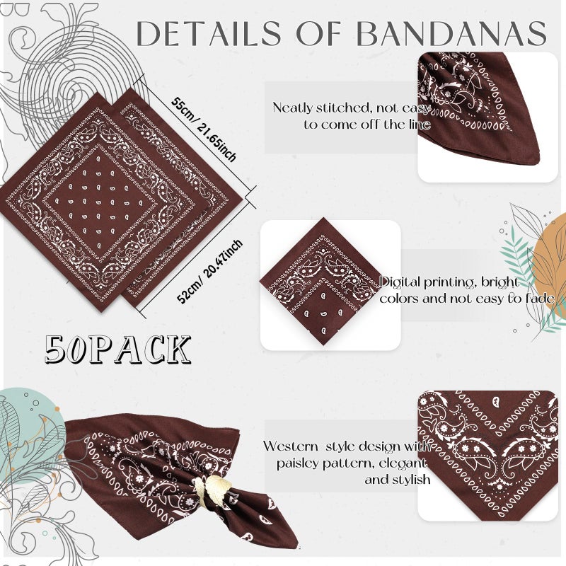 Tarpop 50 Pcs Bandanas Paisley Cowboy Polyester Bandanas Bulk Multi Purpose Headband for Men Women Party Costume(Brown) - Image 2