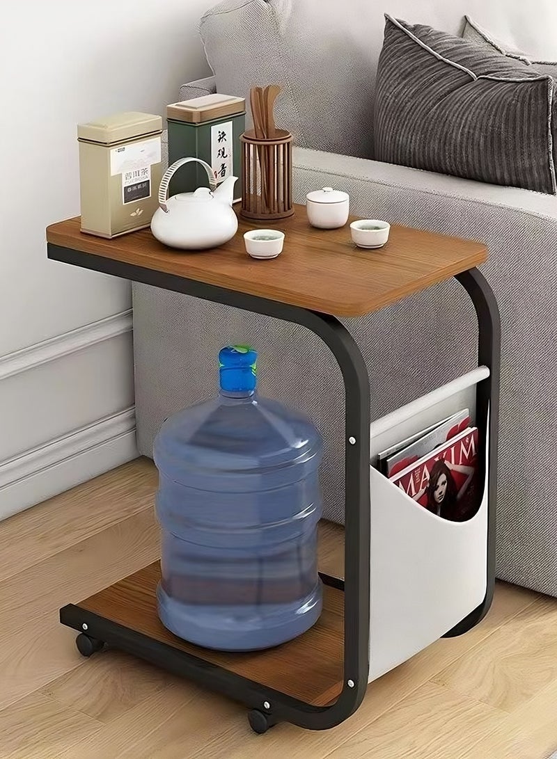 OQ Home Wooden C-Shaped Side Table with Wheels & Magazine Storage - Portable Sofa & Bedside Table, Ideal for Living Room, Bedroom, Balcony - Wood Finish, Black Frame - Compact, Elegant, Functional Furniture - Image 1