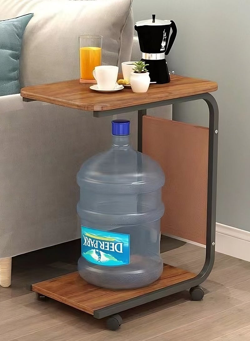 OQ Home Wooden C-Shaped Side Table with Wheels & Magazine Storage - Portable Sofa & Bedside Table, Ideal for Living Room, Bedroom, Balcony - Wood Finish, Black Frame - Compact, Elegant, Functional Furniture - Image 2