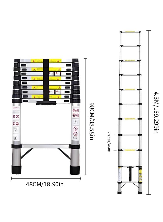 4.3m Telescopic Ladder - Heavy Duty Aluminum Extension Ladder - 150kg Capacity - EN131 Certified