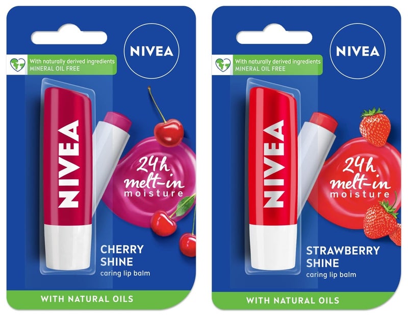 Nivea بلسم شفاه نيفيا كرز فاكهي لامع وبلسم شفاه نيفيا فراولة فاكهية لامعة 48 جرام عبوة من 2 - Image 1