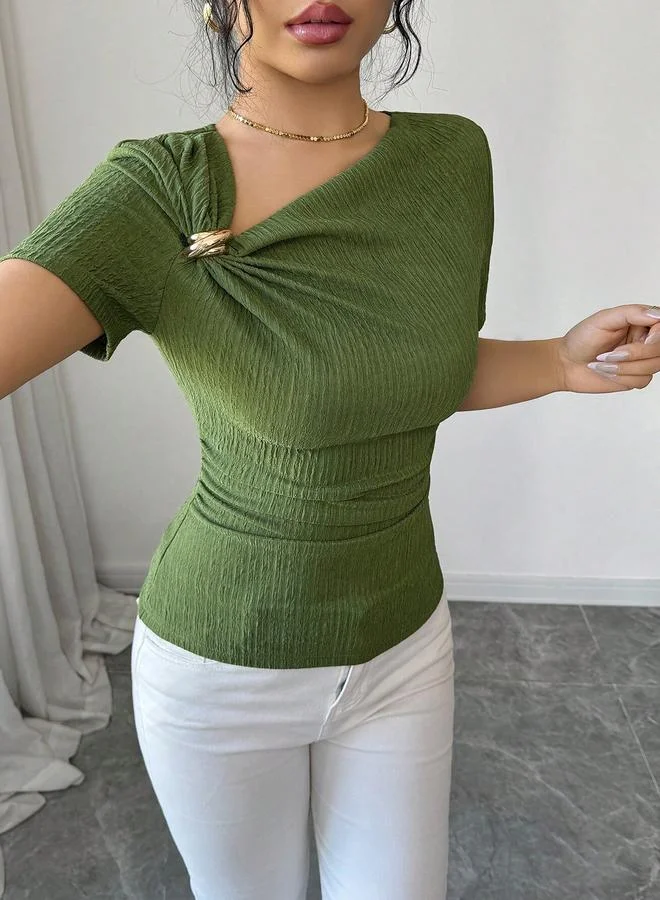 Take Two Green Short Sleeve Knit Top with Asymmetrical Ring Detail