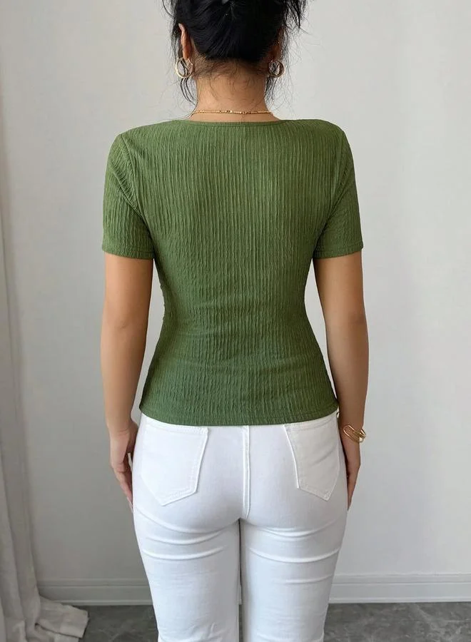 Take Two Green Short Sleeve Knit Top with Asymmetrical Ring Detail