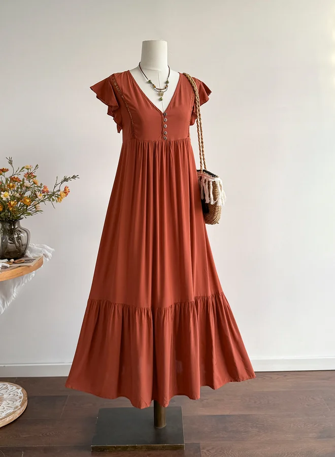 Styli Styli Rust Frill Sleeves Maxi Dress
