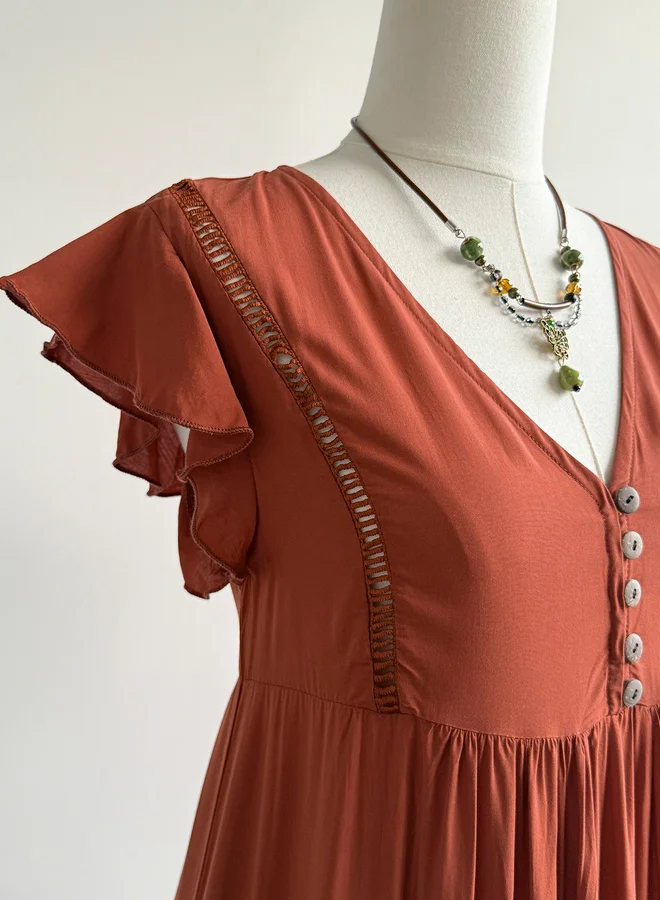 Styli Styli Rust Frill Sleeves Maxi Dress