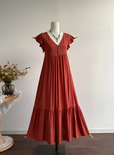 تايك تو فستان ماكسي بأكمام مكشكشة بلون الصدأ