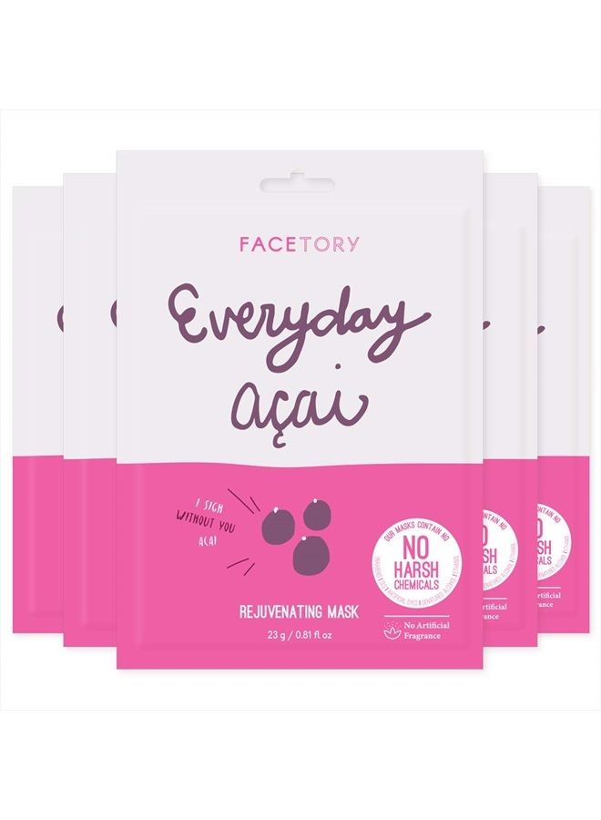 FACETORY Everyday Acai Rejuvenating Sheet Mask With No Harsh Chemicals - Soft, Form-Fitting Face Mask, For All Skin Types - Rejuvenating, Calming, and Balancing Mask (Pack of 5) - Image 1