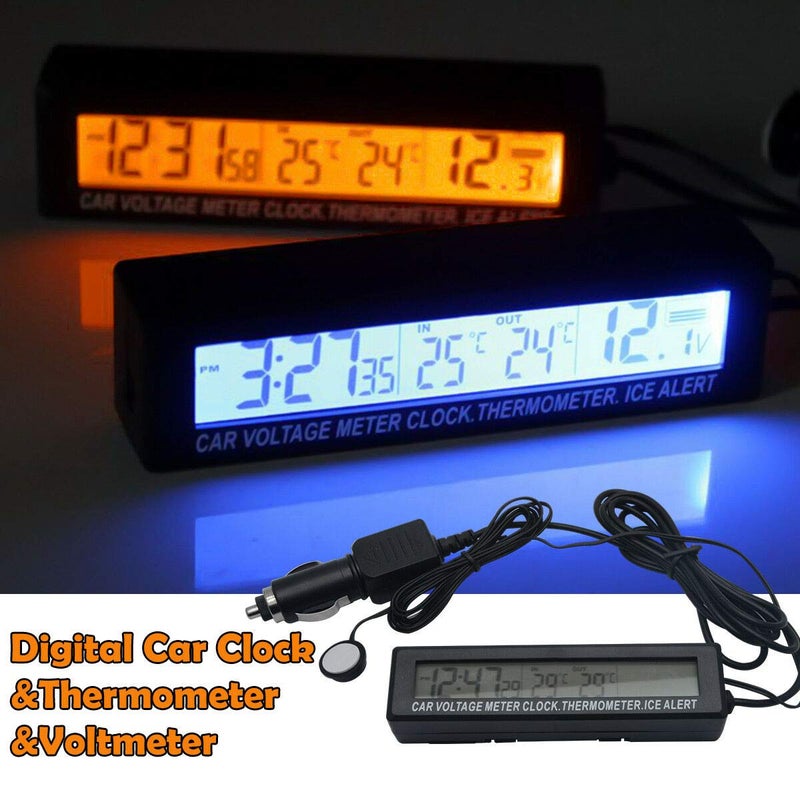 Maso Car Temperature Digital Clock Universal Auto Dashboard Voltage Clocks with Blue And Orange Blacklight LCD Screen Adjustable Vehicle Temperature Gauge with Alert Function 12h/24h Modes - Image 1