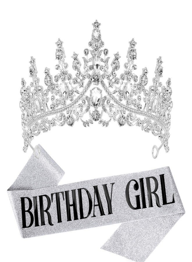 VELSCRUN Birthday Tiara Crowns for Women Girls Silver Crystal Birthday Girl Headband Sash Elegant Princess Crown Happy Birth Party Decorations Women Sisters Birth Gift Hair Accessories - Image 1