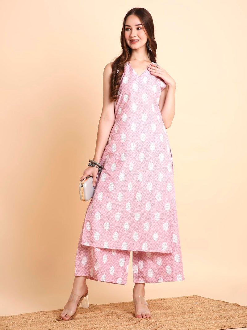 RATAN Women's Cotton Blend Printed A-Line Kurta with Palazzo Pant Set (DMGL-1444-M_Pink) - Image 4