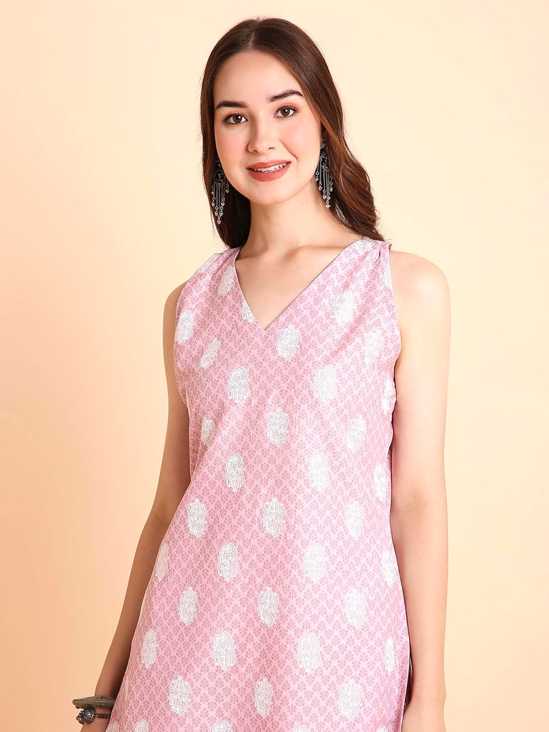 RATAN Women's Cotton Blend Printed A-Line Kurta with Palazzo Pant Set (DMGL-1444-M_Pink) - Image 3